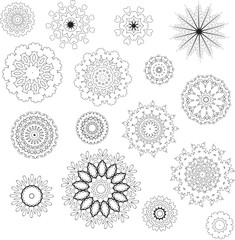 A set of different flowers drawn with a black outline.  Vector file for designs.