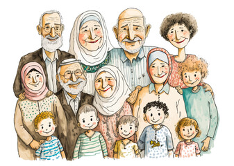 Vector illustration depicting a Palestinian family spanning several generations, offering a touching and rich atmosphere of family warmth.