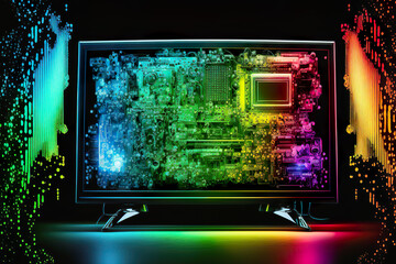 An illuminated computer motherboard within a monitor displaying vibrant, rainbow-colored circuits and components, against a black background with ambient lighting.AI generated.