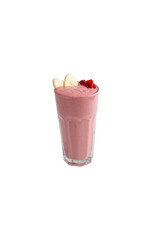 Berry and banana smoothie in a tall glass on a white background. Isolated glass with thick cocktail