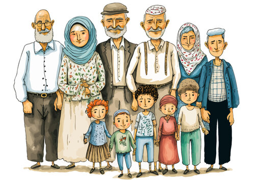 Group portrait of a multi-generational Palestinian family, vector illustration. Dynamic image ideal for illustrating a range of emotions and human subjects.