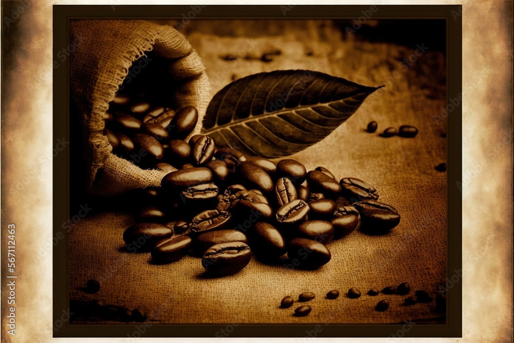 Poster a bag of coffee beans with a leaf on top of it and coffee beans on the ground with a leaf on top of 