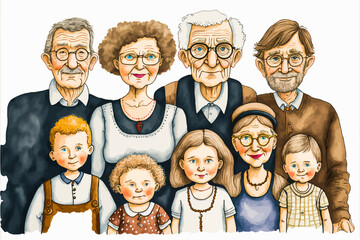 Group of several generations of Swiss family, funny vector portrait. Ideal illustration to evoke a warm and festive atmosphere.