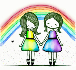 Adorable lesbian couple in front of a rainbow, a symbol of the LGBT cause. Vibrant, innocent vector illustration perfect for expressing the beauty of diversity.