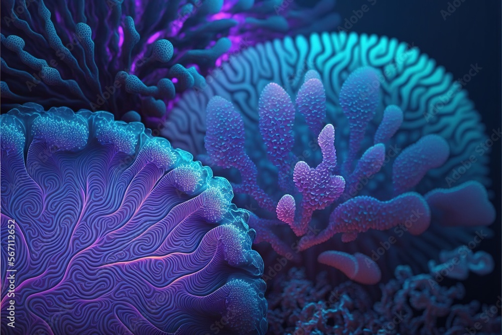Poster a close up of a bunch of different types of corals on a blue and purple background with a black bord