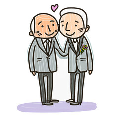 Elderly couple holding hands on their big day. A romantic painting that celebrates love and the rights of LGBT+ couples.