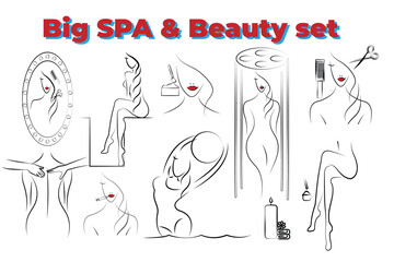 Set of images of beauty self-care procedures for women and spa: hairdressing, cosmetology, massage, solarium. Editable vector illustration