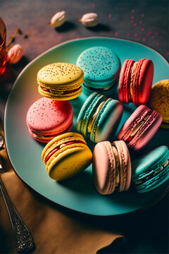 Colorful macaroons on a wooden table, top view