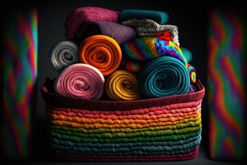  a basket filled with lots of different colored blankets and blankets on top of each other in front of a black background with a multicolored wall.  generative ai