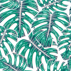 Fototapeta na wymiar Seamless pattern of leaves monstera. Tropical leaves of palm tree. Vector background.