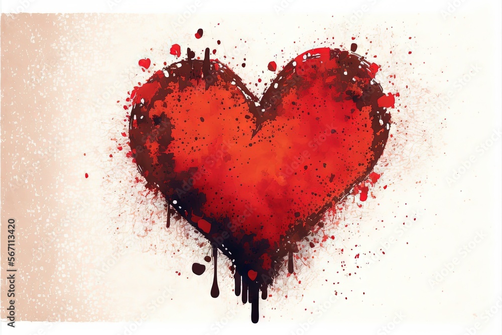 Poster a red heart with blood splatters on it and a white wall in the background with a white frame with a 