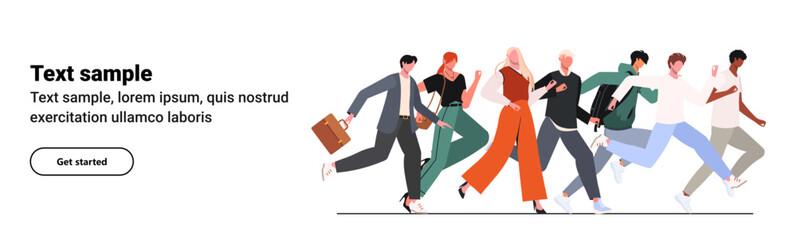 Naklejka premium Crowd of business people running fast. Men, women running, rushing, aspiring ahead to success, succeeding and failing on way. 