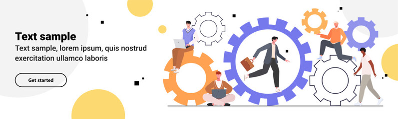 Business teamwork concept of vector illustration. Work operations and teamwork productivity, solution and innovation analysis, consulting, project management. Gear wheel, mind, thinking.