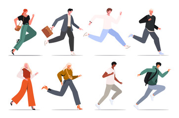 Fototapeta na wymiar Ambitious business people running, hurrying to their goals and rushing on urgent businesses. Set of man and woman rushing. Concept of aspiration to success. Flat vector illustration isolated on white 