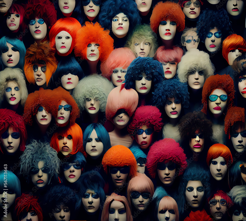 Wall mural wall of multicolored colorful wigs, generative ai