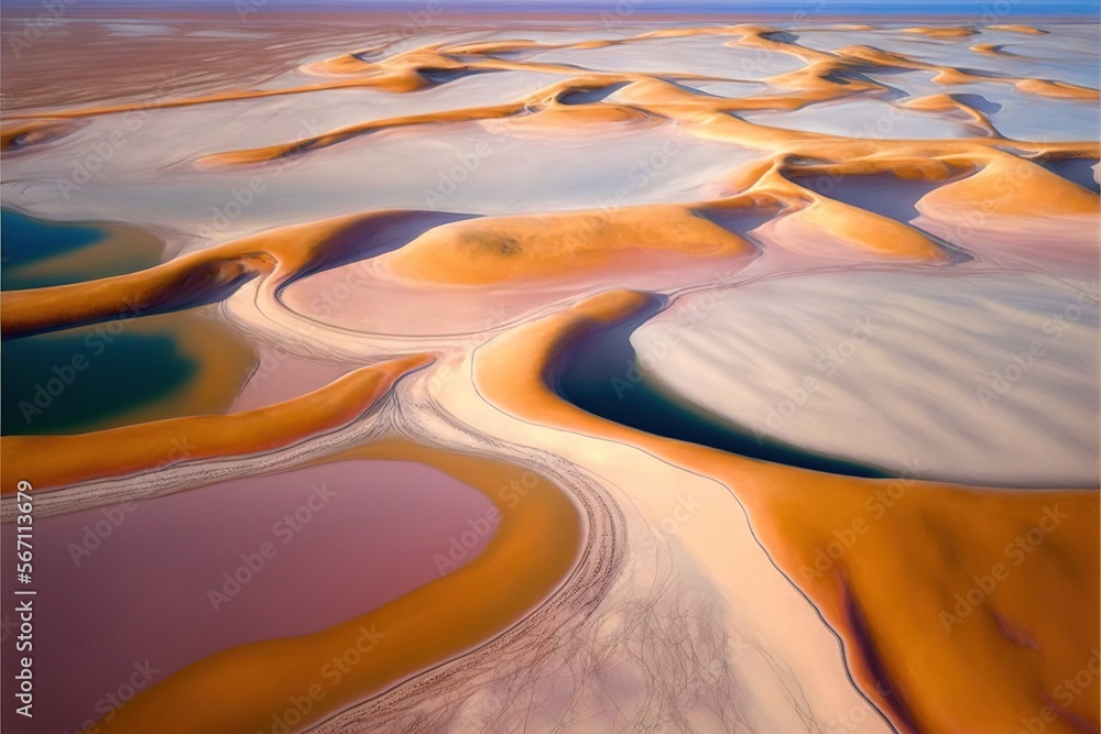 Poster an aerial view of a body of water with sand dunes in the background and a blue sky in the background