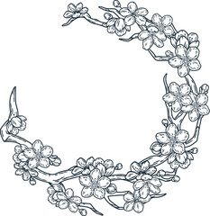 Sakura branch with flowers. Eastern plant with petal and bud elements for wedding and spring design