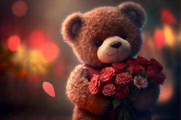 Teddy bear with a bouquet of roses and a gift for Valentine's Day. Ai generation