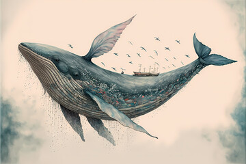 Fantasy whale fly. AI generation - obrazy, fototapety, plakaty