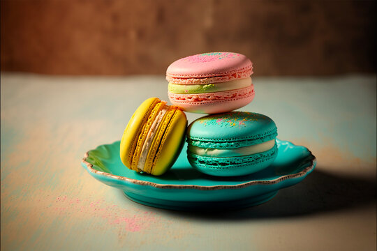 Three colorful macaroons on a small plate
