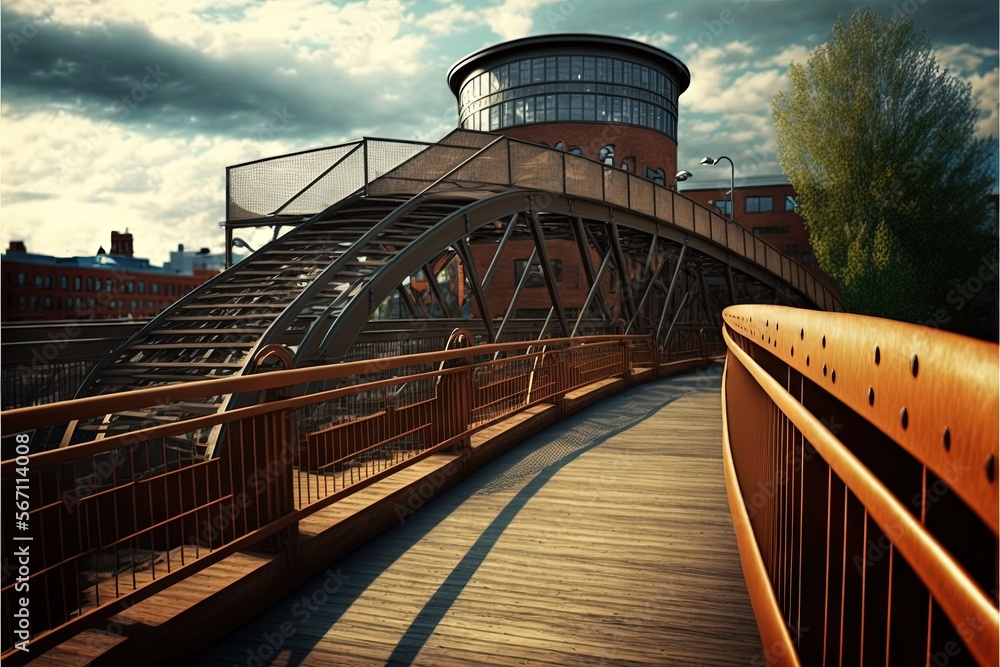 Poster a wooden bridge with a metal railing and a round building in the background on a cloudy day with a f