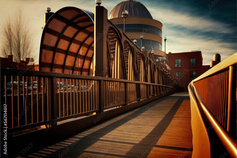 Poster a bridge with a building in the background and a sky line in the foreground with a building in the b