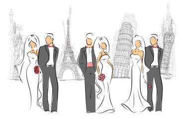 Vector illustrations sketch of wedding couple for invitation, greeting card design, t-shirt print, inspiration poster.