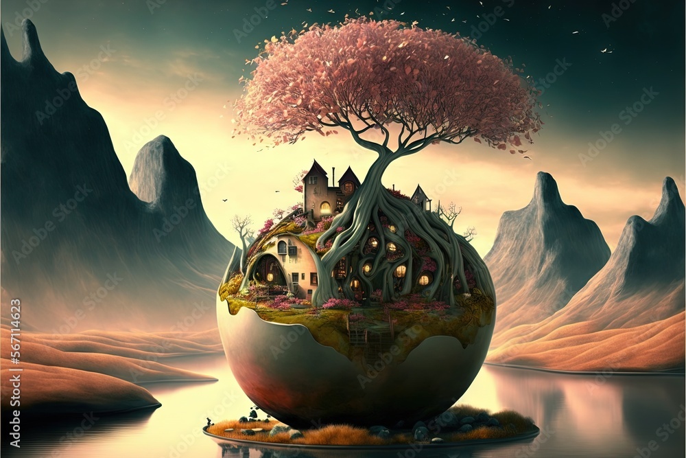 Poster a painting of a tree growing out of a house in a vase with a house on top of it and a tree growing o