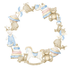 Watercolor Baby Frame with Toys. Hand drawn circle Wreath with vintage nursery eco objects. Illustration on isolated background for childish shower invitations or greeting cards. Template with teddy