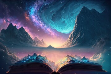  giant book opened on ground with fairytale nature pop out from paper page, idea for imagination of childhood theme background wallpaper, Generative Ai