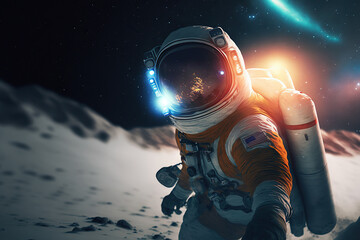 Obraz na płótnie Canvas explorer astronaut in desert on a moon. Generative AI