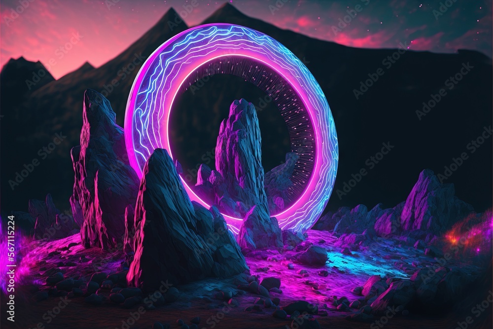 Aufkleber a digital painting of a circular object in the middle of a mountain range with rocks and rocks in th