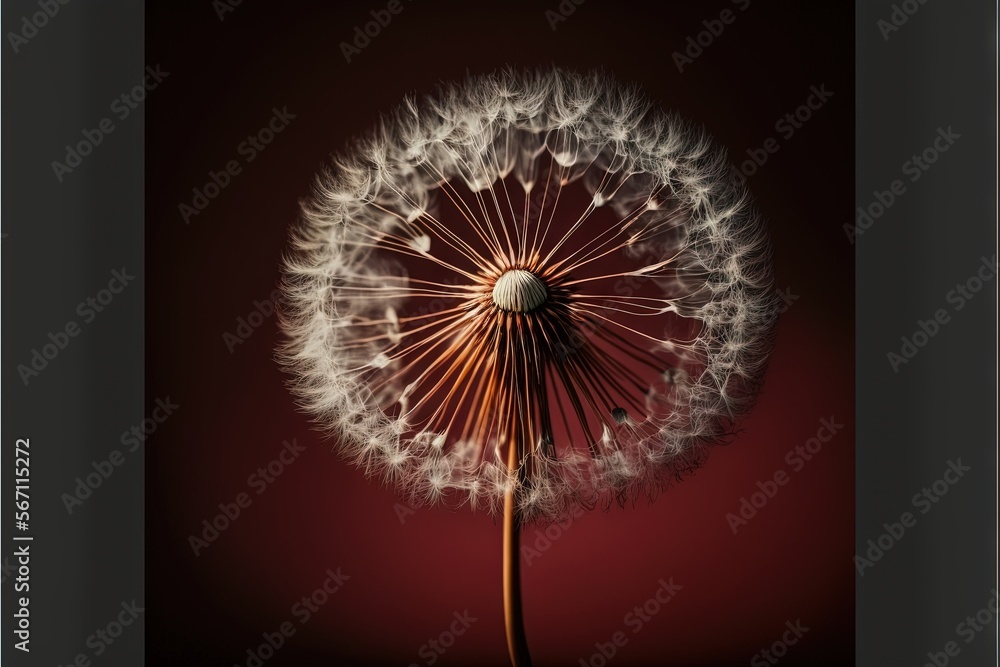 Poster a dandelion is shown in a black frame on a red background with a black border around the frame and a