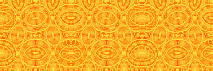 Patchwork of geometric African patterns. Slices of oranges. Colorful and seamless background. Golden yellow and orange colors. Illustration