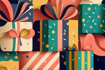 Colorful Christmas background pattern with christmas presents with ribbons