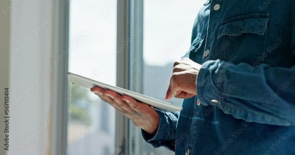 Poster tablet, working and hands planning a digital, online and web strategy for internet sales, reading, w