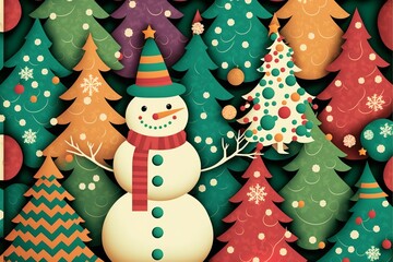 Colorful Christmas background pattern with snowman and christmas tree