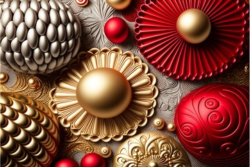 Colorful Christmas background pattern made of red, silver and gold christmas ornaments