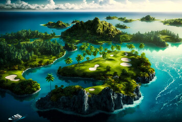 Aerial view of tropical island with golf course surrounded by ocean water. Generative AI