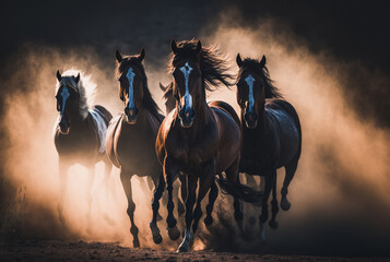 Pack of wild horses running in a desert plain kicking up dust. Generative AI