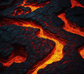 An illustration of lava flowing between the cracks in volcanic rock. Created with Generative AI.