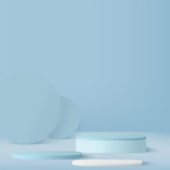 3d blue color podium and minimal blue color wall scene. 3d podium minimal abstract background. Pastel color abstract room design. Vector
