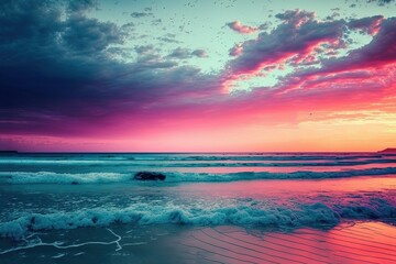 Naklejka na ściany i meble seascape with gradient ombre pink to blue color sky, Generative Ai