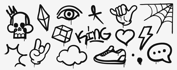 Black spray paint symbols collection isolated on white. Graffiti and street design elements. Graffiti tags set with sprays and drops. Vector illustration. © alexandertrou