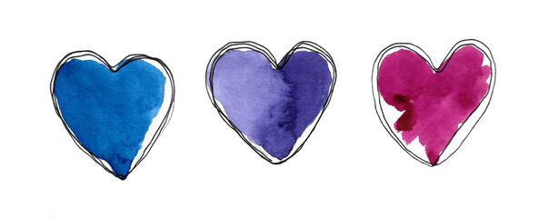 A set of colorful hearts in blue tones. Watercolor illustration by hand on a white background