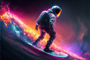 Fototapeta na wymiar Astronaut on snowboarder in space. AI generated art illustration. 