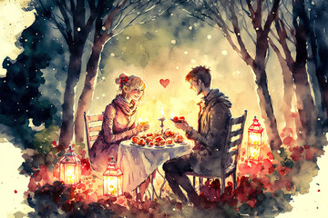 Valentine's Day watercolor art. Young couple having a picnic in the park