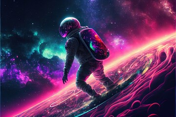 Obraz na płótnie Canvas Astronaut on snowboarder in space. AI generated art illustration. 