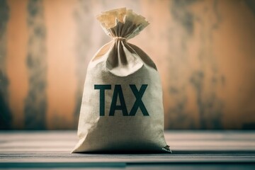 TAX word on sack bag with wooden background, Generative Ai