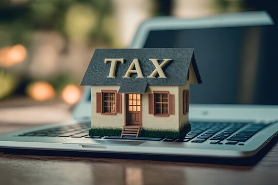   tax household concept, the word TAX on house roof with laptop, generative Ai